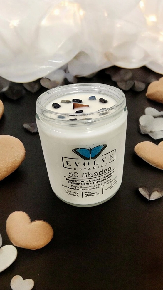 Classic 9oz Jam Jar Crystal Soy Candle - 50 Shades (Onyx & Blue Kyanite) from Evolve Botanica