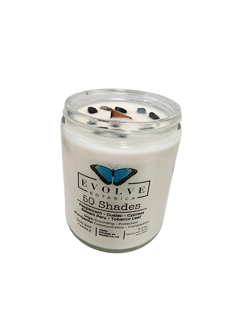 Classic 9oz Jam Jar Crystal Soy Candle - 50 Shades (Onyx & Blue Kyanite) from Evolve Botanica