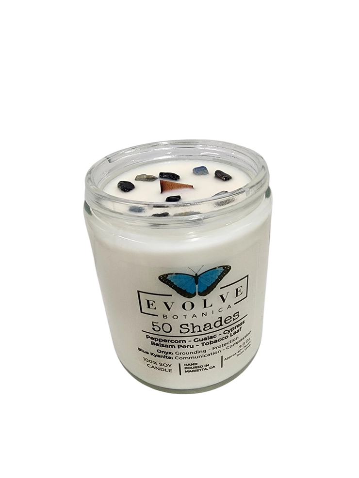 Classic 9oz Jam Jar Crystal Soy Candle - 50 Shades (Onyx & Blue Kyanite) from Evolve Botanica