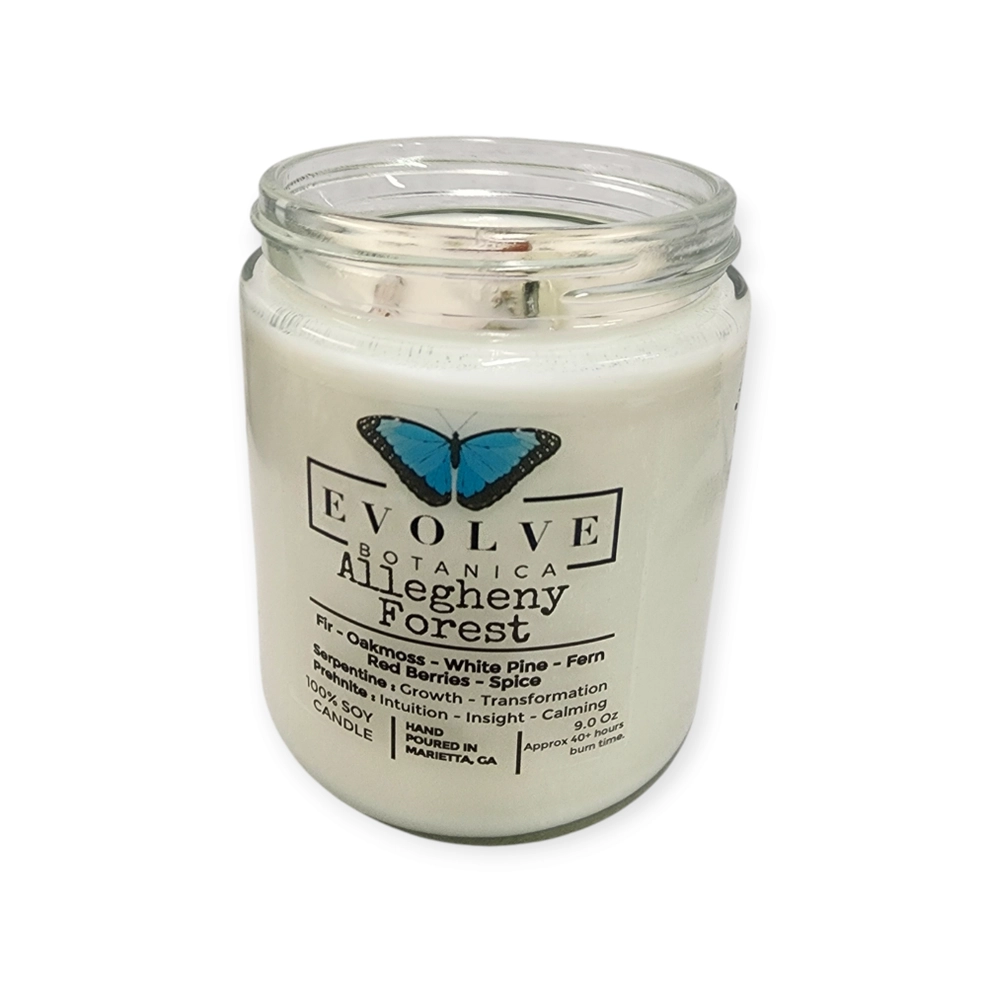 Classic 9oz Jam Jar Crystal Soy Candle - Allegheny Forest (Serpentine & Prehnite) from Evolve Botanica