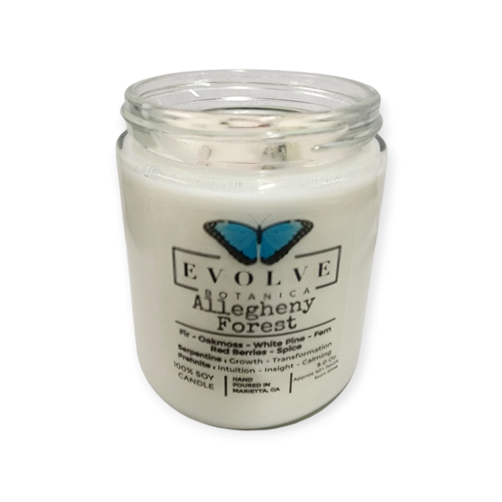Classic 9oz Jam Jar Crystal Soy Candle - Allegheny Forest (Serpentine & Prehnite) from Evolve Botanica