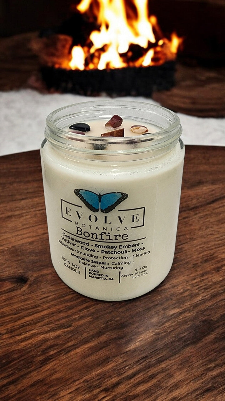 Classic 9oz Jam Jar Crystal Soy Candle - Bonfire (Obsidian & Mookaite) from Evolve Botanica