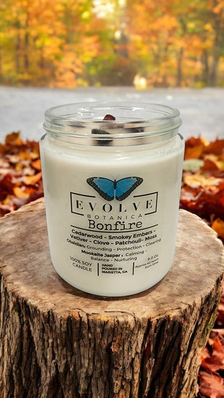 Classic 9oz Jam Jar Crystal Soy Candle - Bonfire (Obsidian & Mookaite) from Evolve Botanica