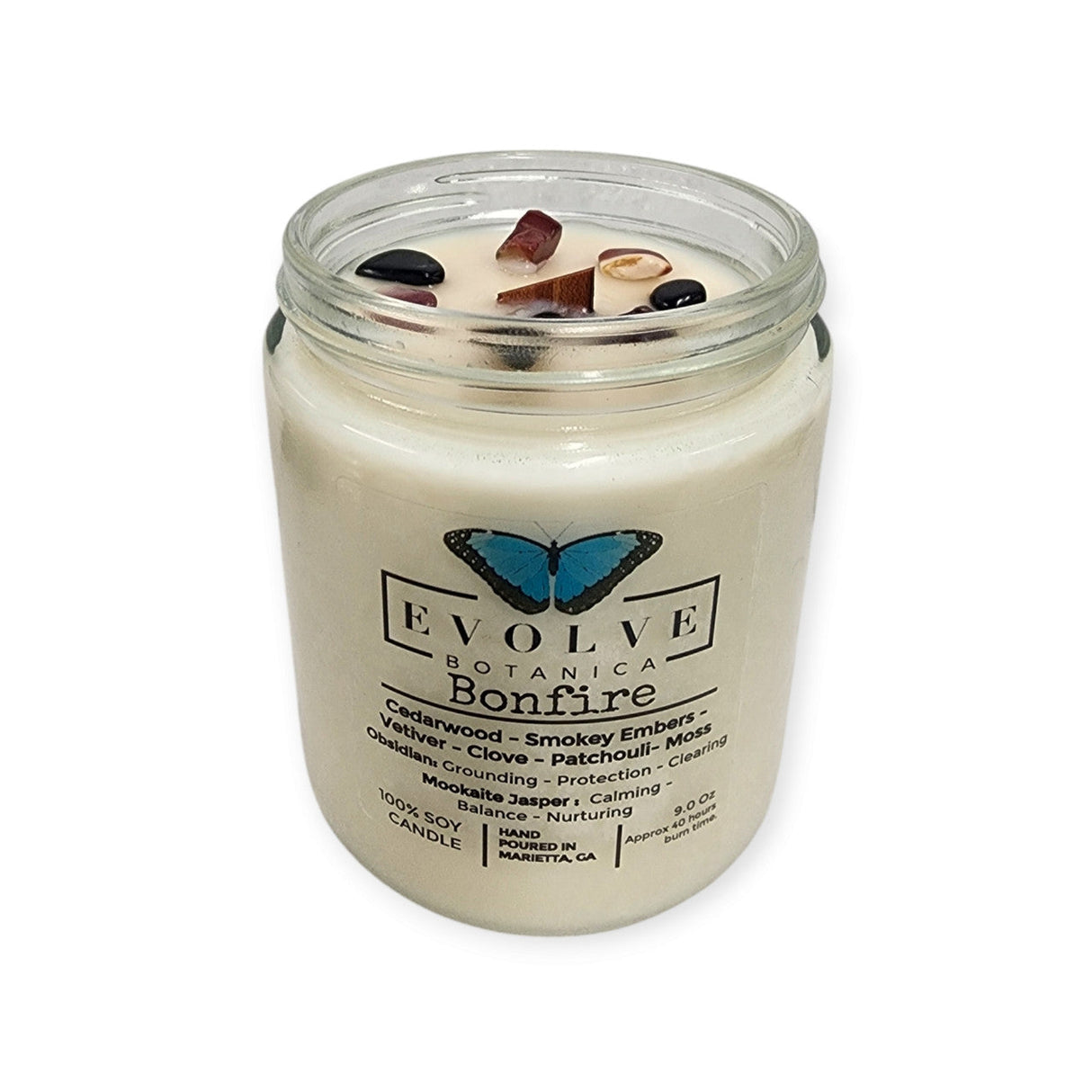 Classic 9oz Jam Jar Crystal Soy Candle - Bonfire (Obsidian & Mookaite) from Evolve Botanica