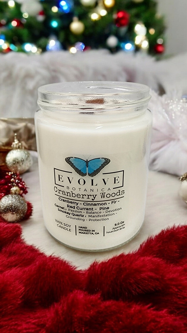 Classic 9oz Jam Jar Crystal Soy Candle - Cranberry Woods (Garnet & Smokey Quartz) from Evolve Botanica