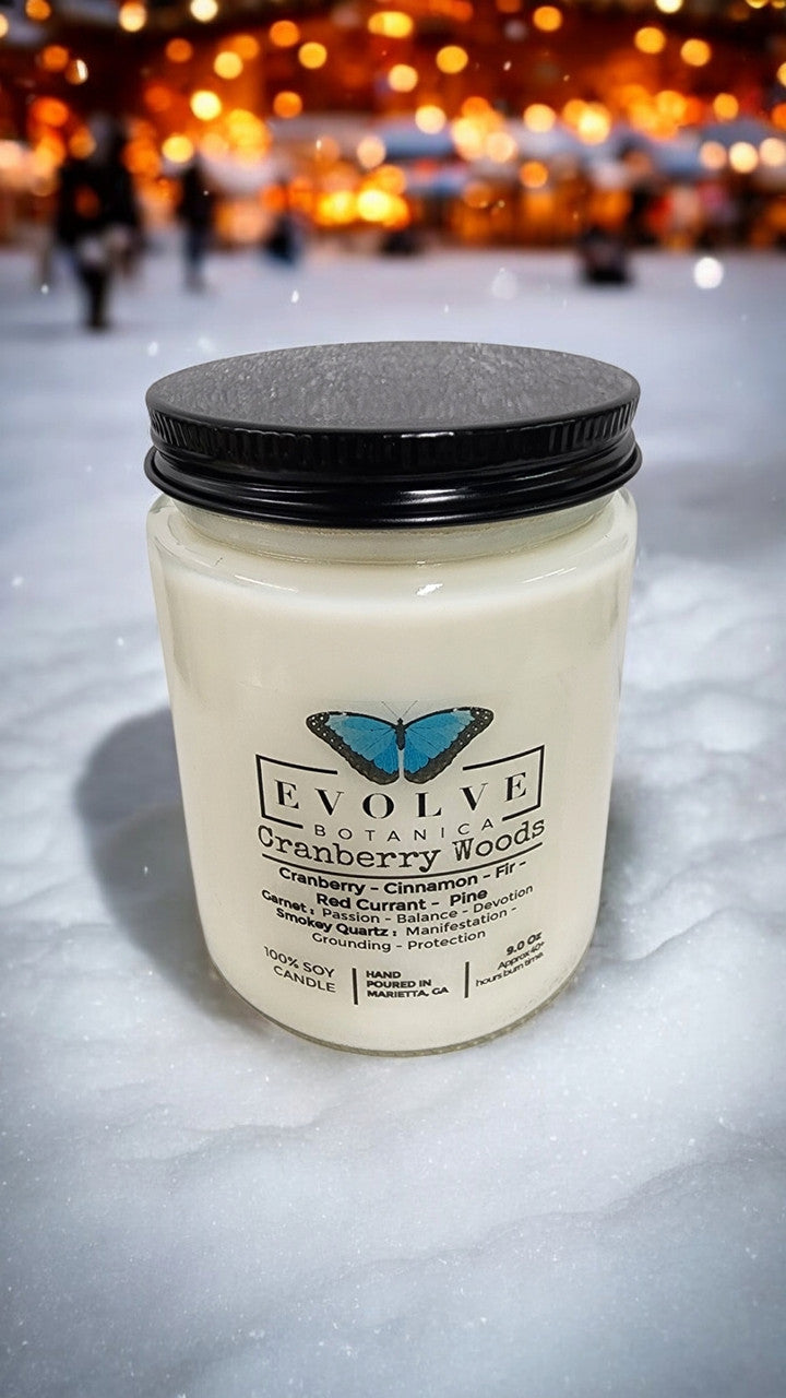 Classic 9oz Jam Jar Crystal Soy Candle - Cranberry Woods (Garnet & Smokey Quartz) from Evolve Botanica