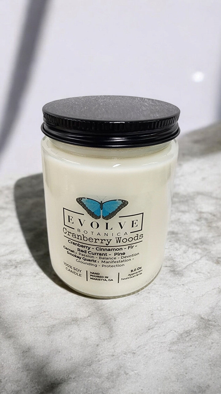 Classic 9oz Jam Jar Crystal Soy Candle - Cranberry Woods (Garnet & Smokey Quartz) from Evolve Botanica