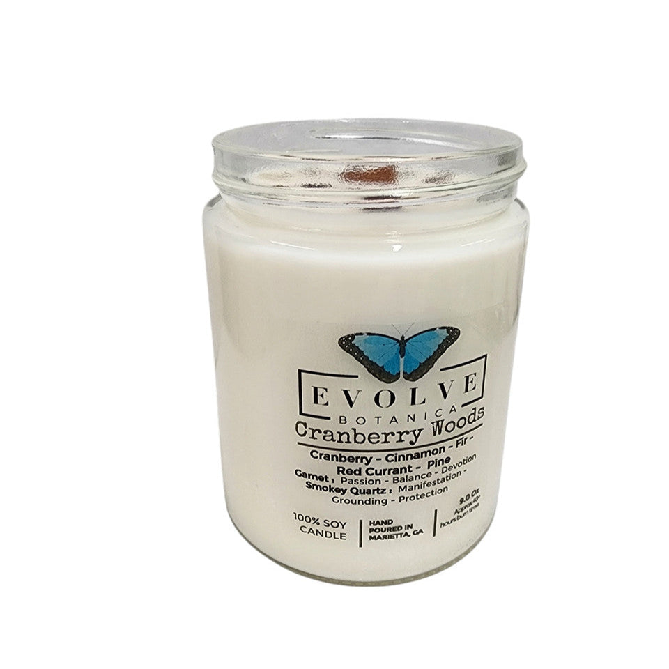 Classic 9oz Jam Jar Crystal Soy Candle - Cranberry Woods (Garnet & Smokey Quartz) from Evolve Botanica