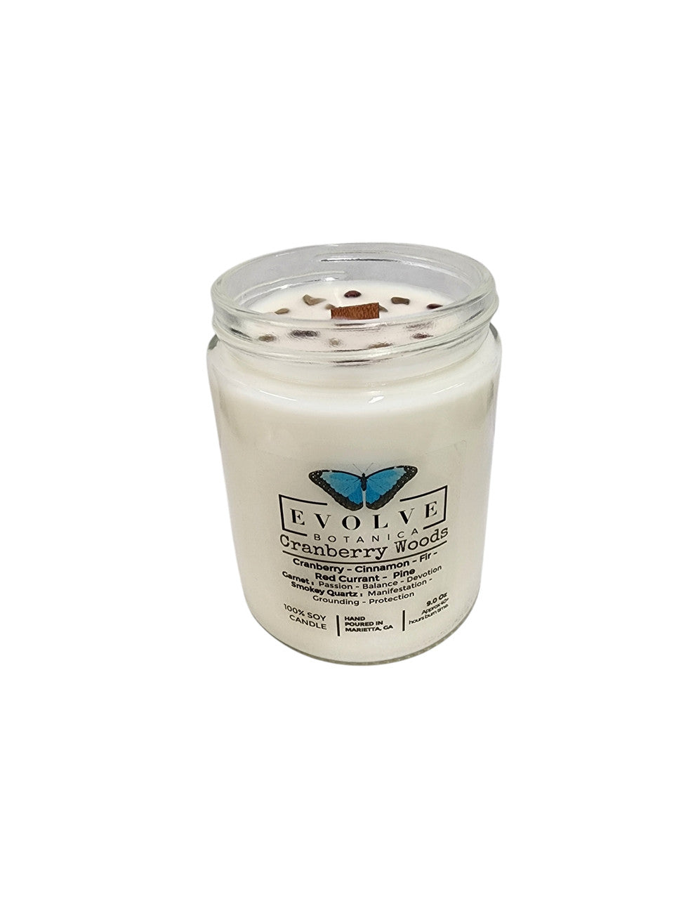 Classic 9oz Jam Jar Crystal Soy Candle - Cranberry Woods (Garnet & Smokey Quartz) from Evolve Botanica