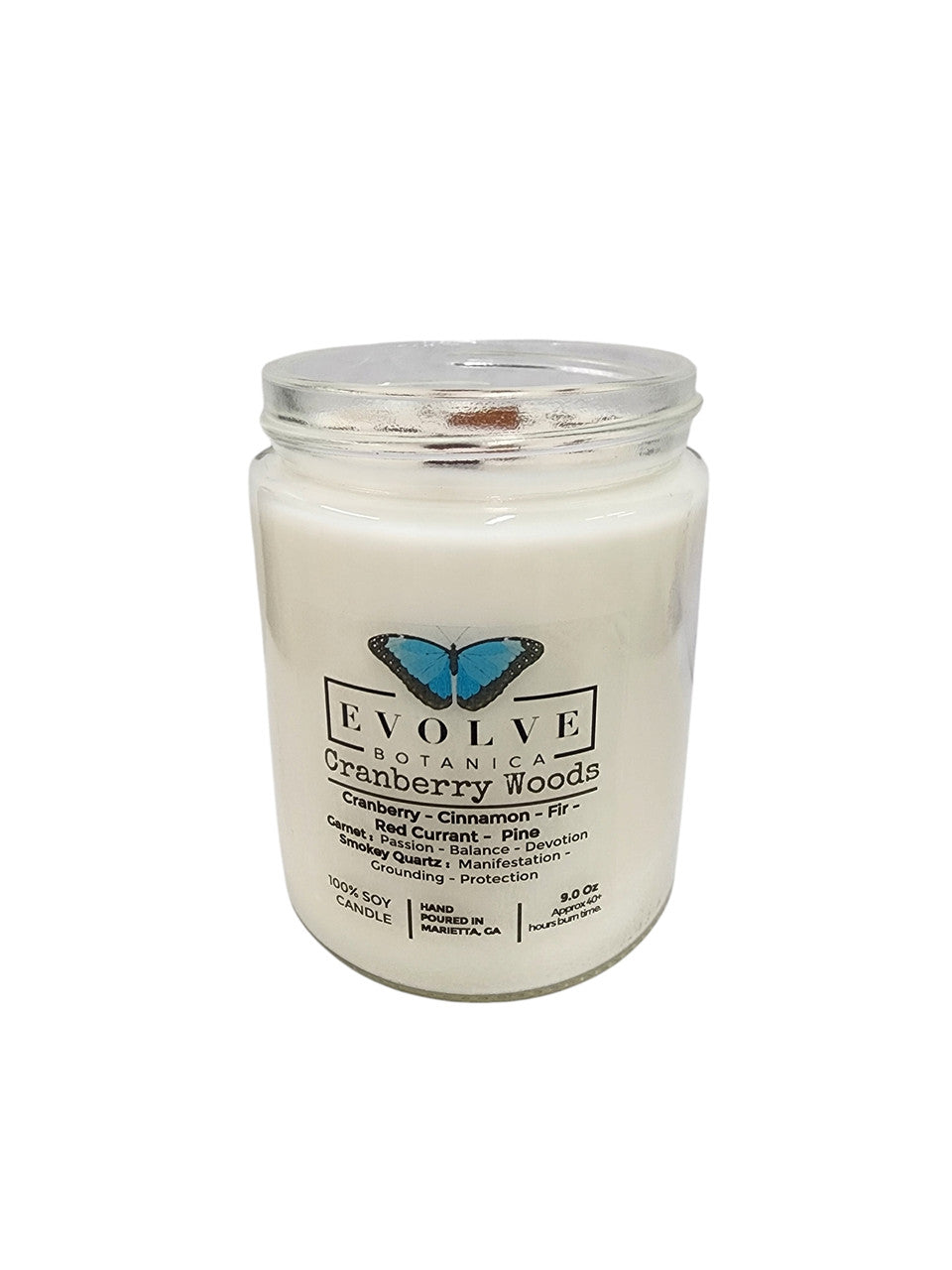 Classic 9oz Jam Jar Crystal Soy Candle - Cranberry Woods (Garnet & Smokey Quartz) from Evolve Botanica