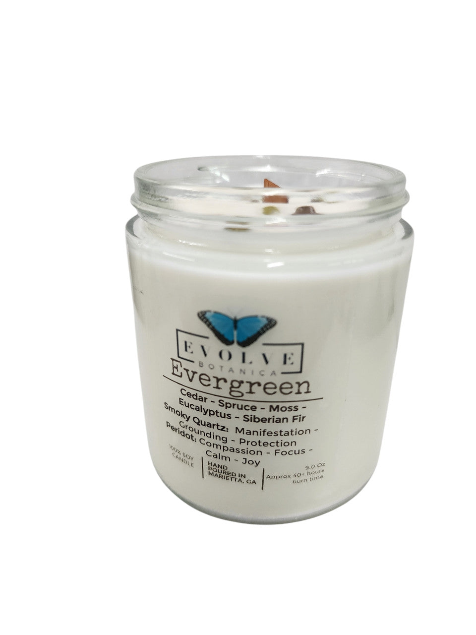 Classic 9oz Jam Jar Crystal Soy Candle - Evergreen (Smoky Quartz & Peridot) from Evolve Botanica