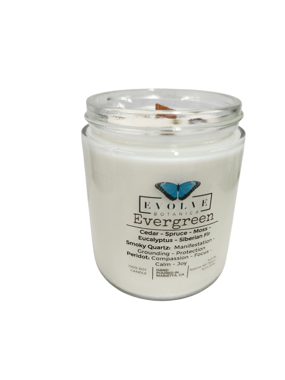 Classic 9oz Jam Jar Crystal Soy Candle - Evergreen (Smoky Quartz & Peridot) from Evolve Botanica