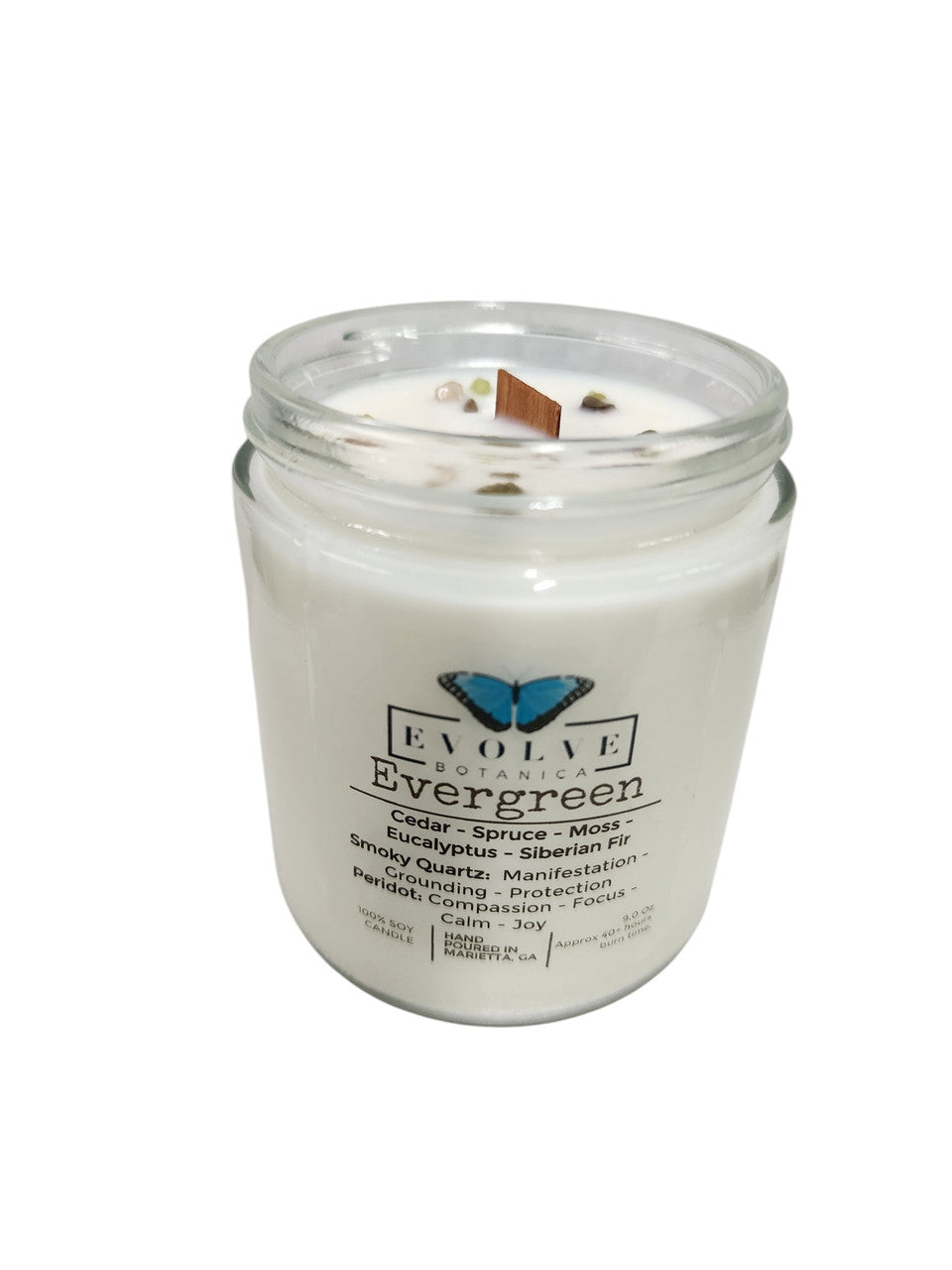 Classic 9oz Jam Jar Crystal Soy Candle - Evergreen (Smoky Quartz & Peridot) from Evolve Botanica