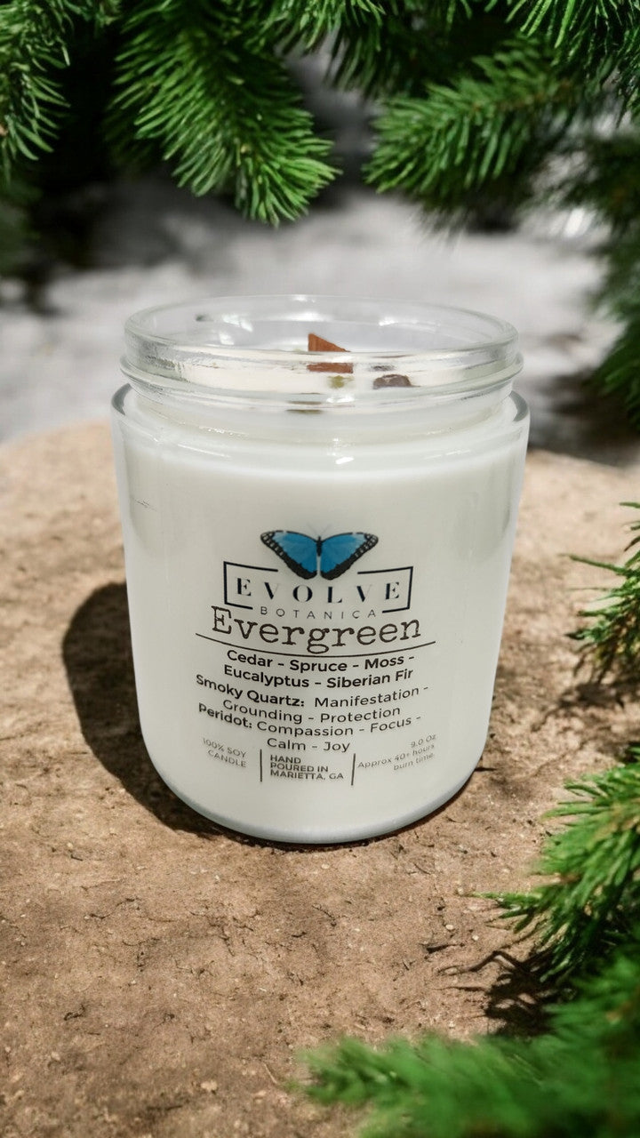 Classic 9oz Jam Jar Crystal Soy Candle - Evergreen (Smoky Quartz & Peridot) from Evolve Botanica