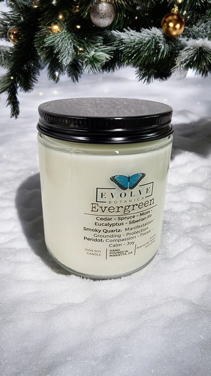 Classic 9oz Jam Jar Crystal Soy Candle - Evergreen (Smoky Quartz & Peridot) from Evolve Botanica