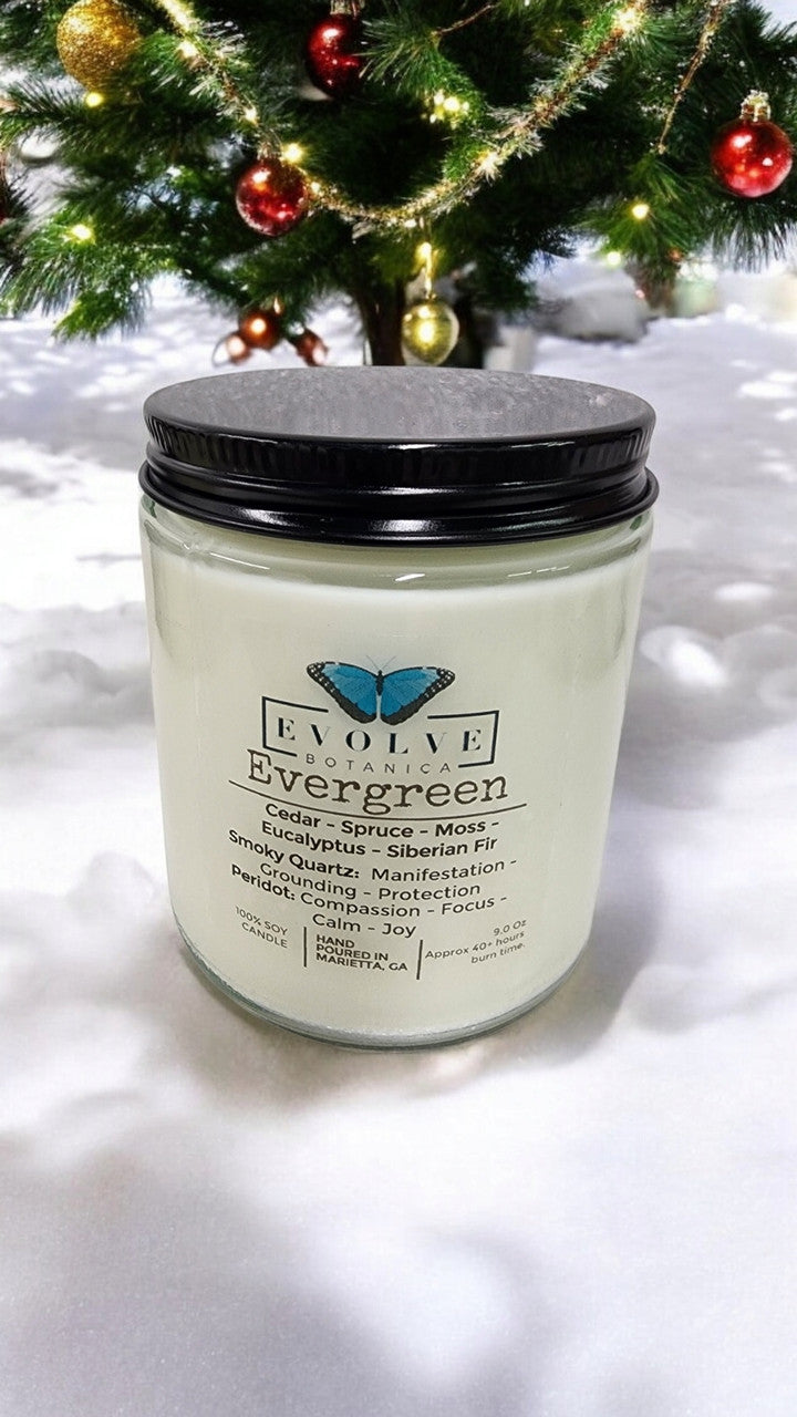 Classic 9oz Jam Jar Crystal Soy Candle - Evergreen (Smoky Quartz & Peridot) from Evolve Botanica