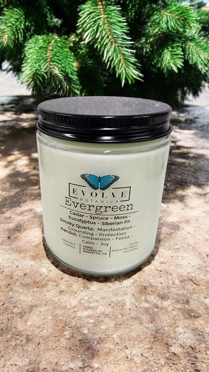 Classic 9oz Jam Jar Crystal Soy Candle - Evergreen (Smoky Quartz & Peridot) from Evolve Botanica