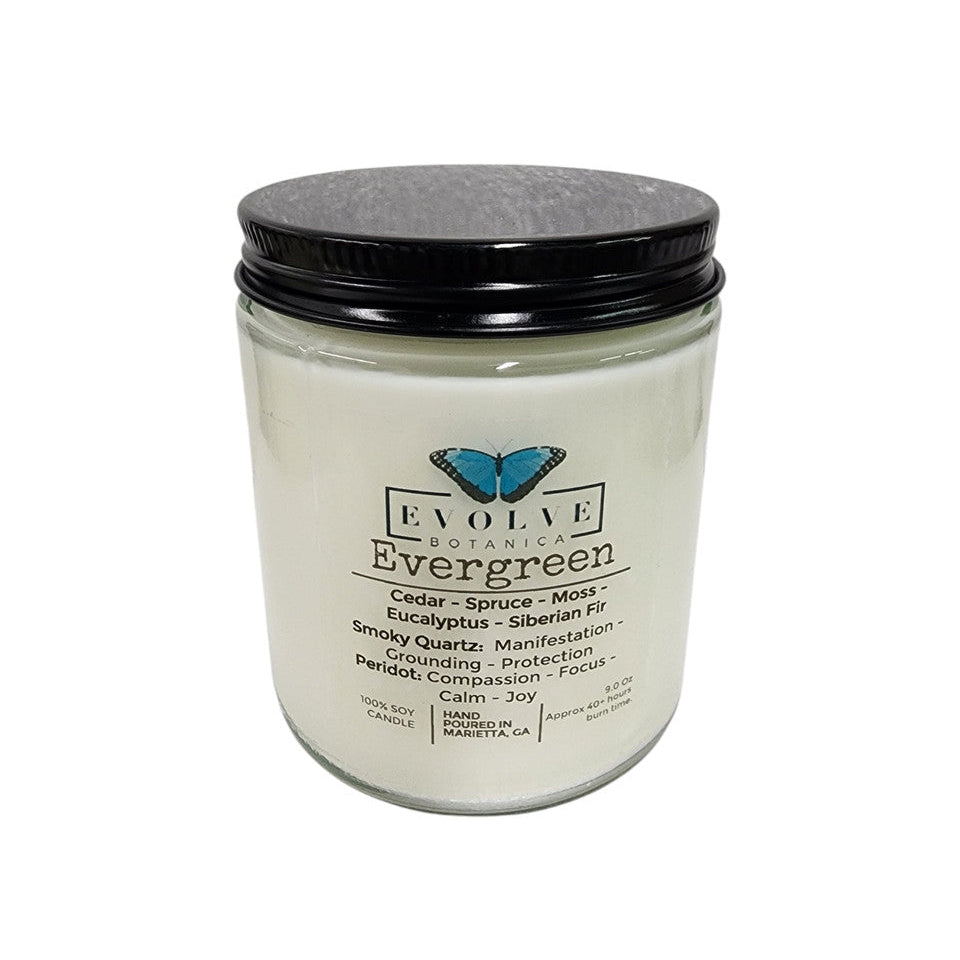 Classic 9oz Jam Jar Crystal Soy Candle - Evergreen (Smoky Quartz & Peridot) from Evolve Botanica