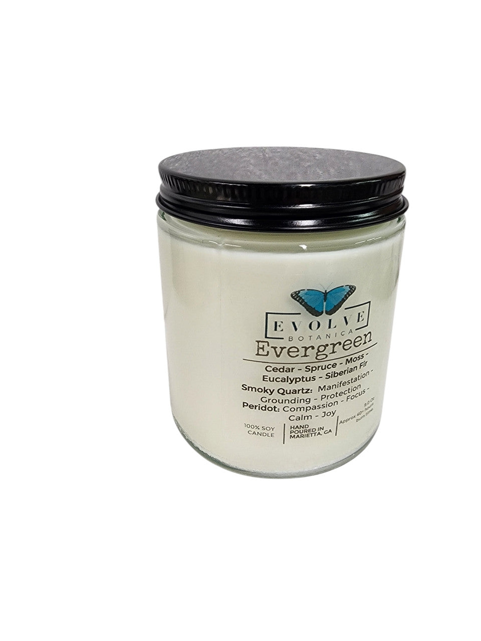 Classic 9oz Jam Jar Crystal Soy Candle - Evergreen (Smoky Quartz & Peridot) from Evolve Botanica