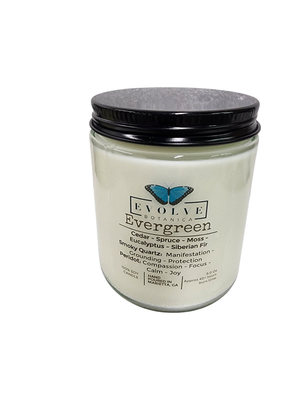 Classic 9oz Jam Jar Crystal Soy Candle - Evergreen (Smoky Quartz & Peridot) from Evolve Botanica