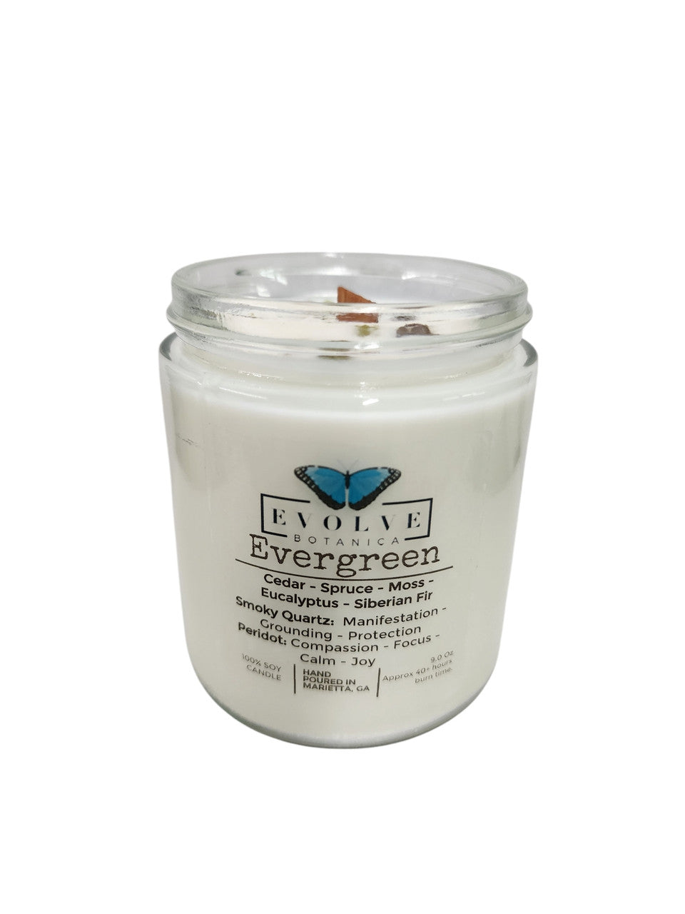 Classic 9oz Jam Jar Crystal Soy Candle - Evergreen (Smoky Quartz & Peridot) from Evolve Botanica