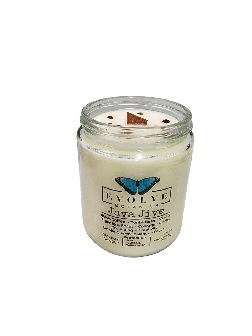 Classic 9oz Jam Jar Crystal Soy Candle - Java Jive (Tiger Eye & Smoky Quartz) from Evolve Botanica