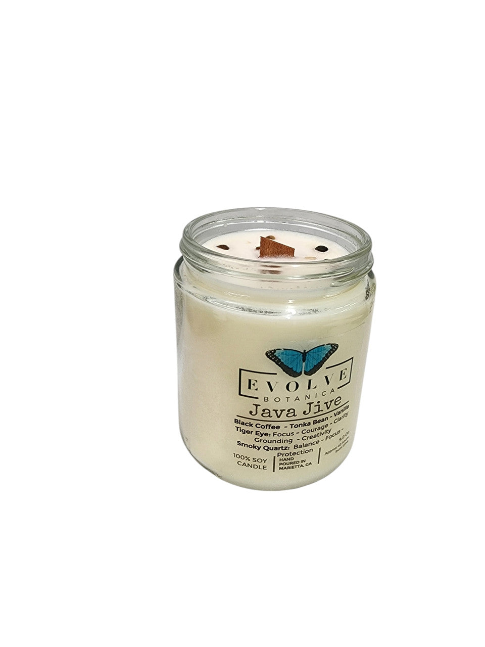 Classic 9oz Jam Jar Crystal Soy Candle - Java Jive (Tiger Eye & Smoky Quartz) from Evolve Botanica