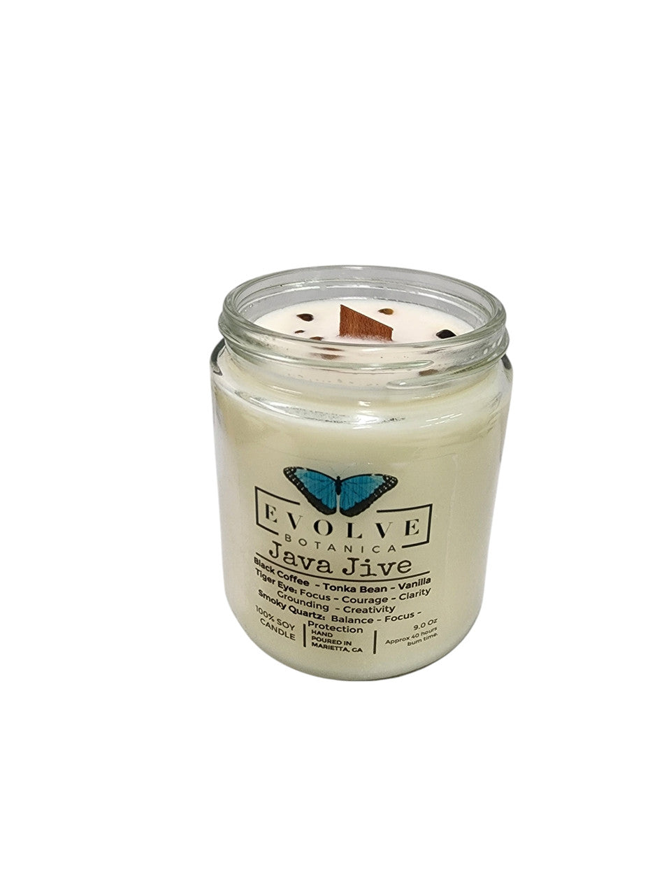 Classic 9oz Jam Jar Crystal Soy Candle - Java Jive (Tiger Eye & Smoky Quartz) from Evolve Botanica