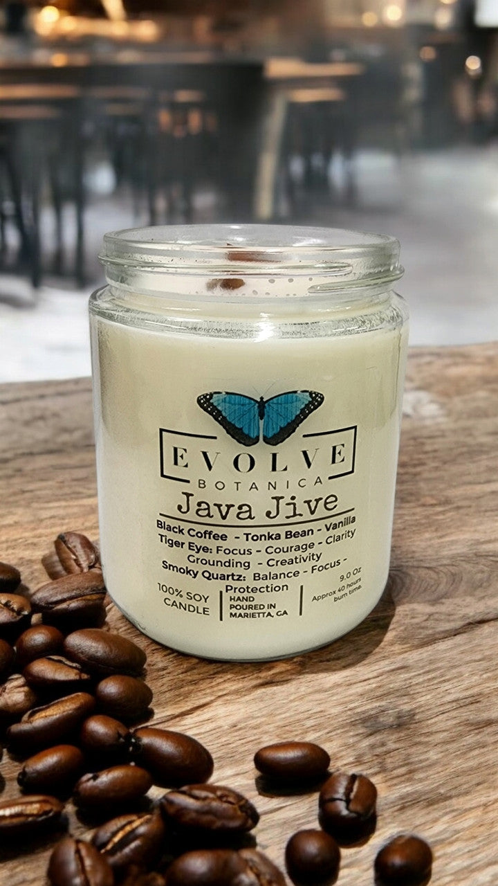 Classic 9oz Jam Jar Crystal Soy Candle - Java Jive (Tiger Eye & Smoky Quartz) from Evolve Botanica