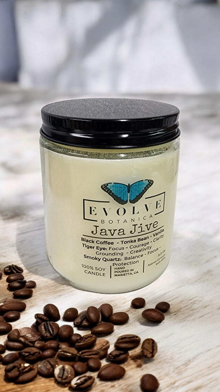 Classic 9oz Jam Jar Crystal Soy Candle - Java Jive (Tiger Eye & Smoky Quartz) from Evolve Botanica