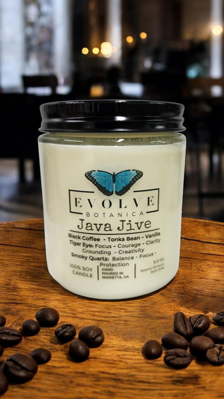 Classic 9oz Jam Jar Crystal Soy Candle - Java Jive (Tiger Eye & Smoky Quartz) from Evolve Botanica
