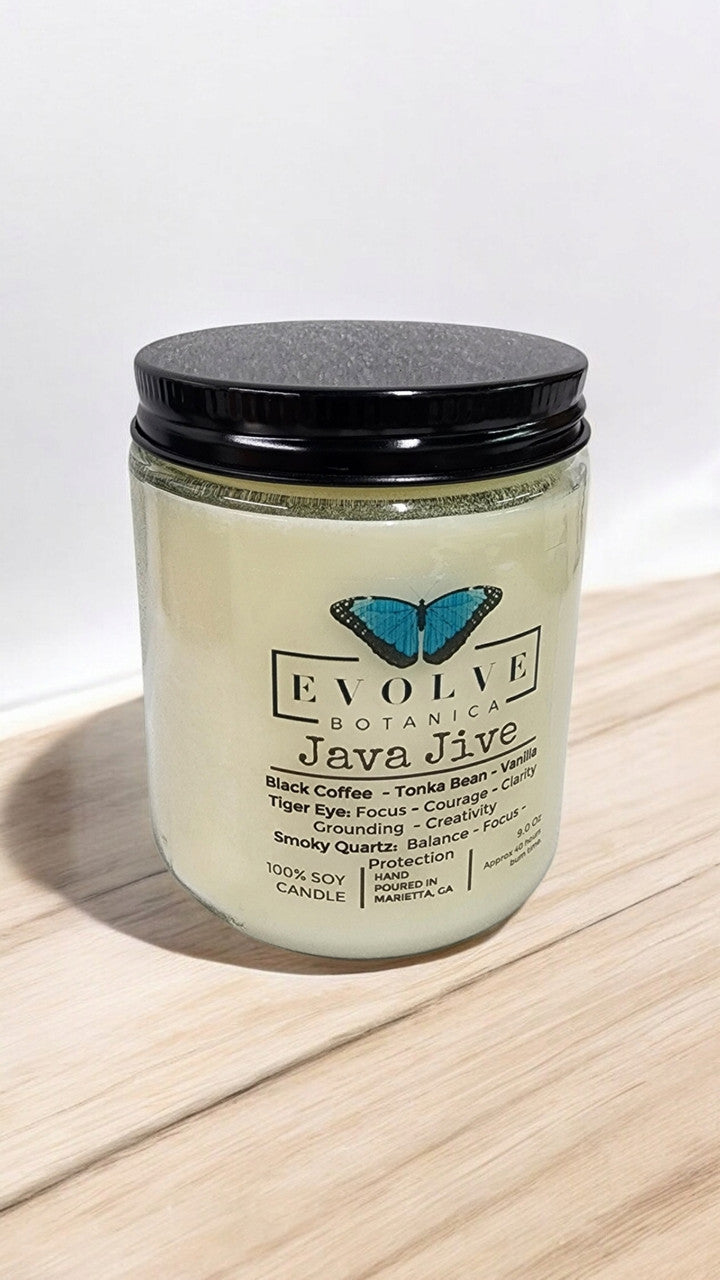 Classic 9oz Jam Jar Crystal Soy Candle - Java Jive (Tiger Eye & Smoky Quartz) from Evolve Botanica