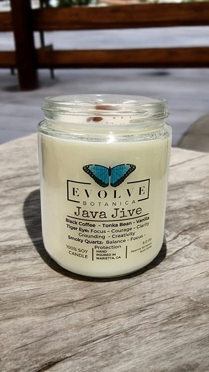 Classic 9oz Jam Jar Crystal Soy Candle - Java Jive (Tiger Eye & Smoky Quartz) from Evolve Botanica