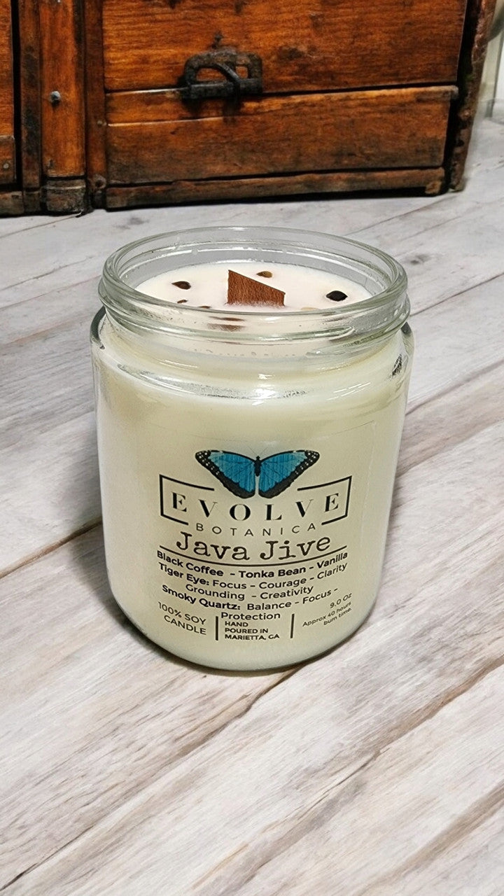 Classic 9oz Jam Jar Crystal Soy Candle - Java Jive (Tiger Eye & Smoky Quartz) from Evolve Botanica