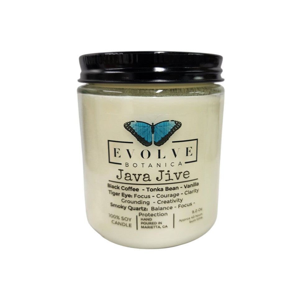Classic 9oz Jam Jar Crystal Soy Candle - Java Jive (Tiger Eye & Smoky Quartz) from Evolve Botanica