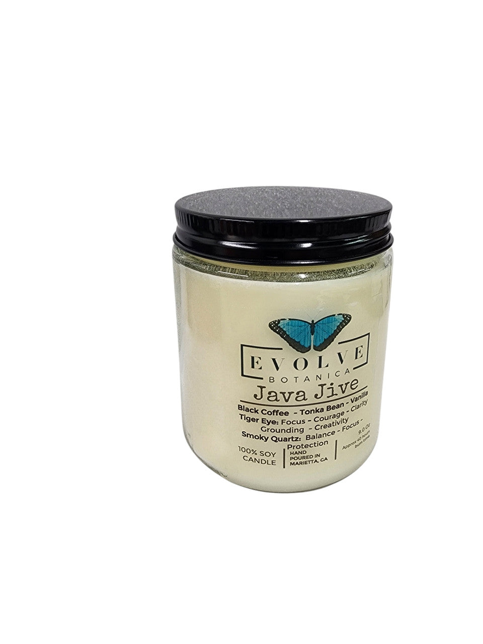 Classic 9oz Jam Jar Crystal Soy Candle - Java Jive (Tiger Eye & Smoky Quartz) from Evolve Botanica