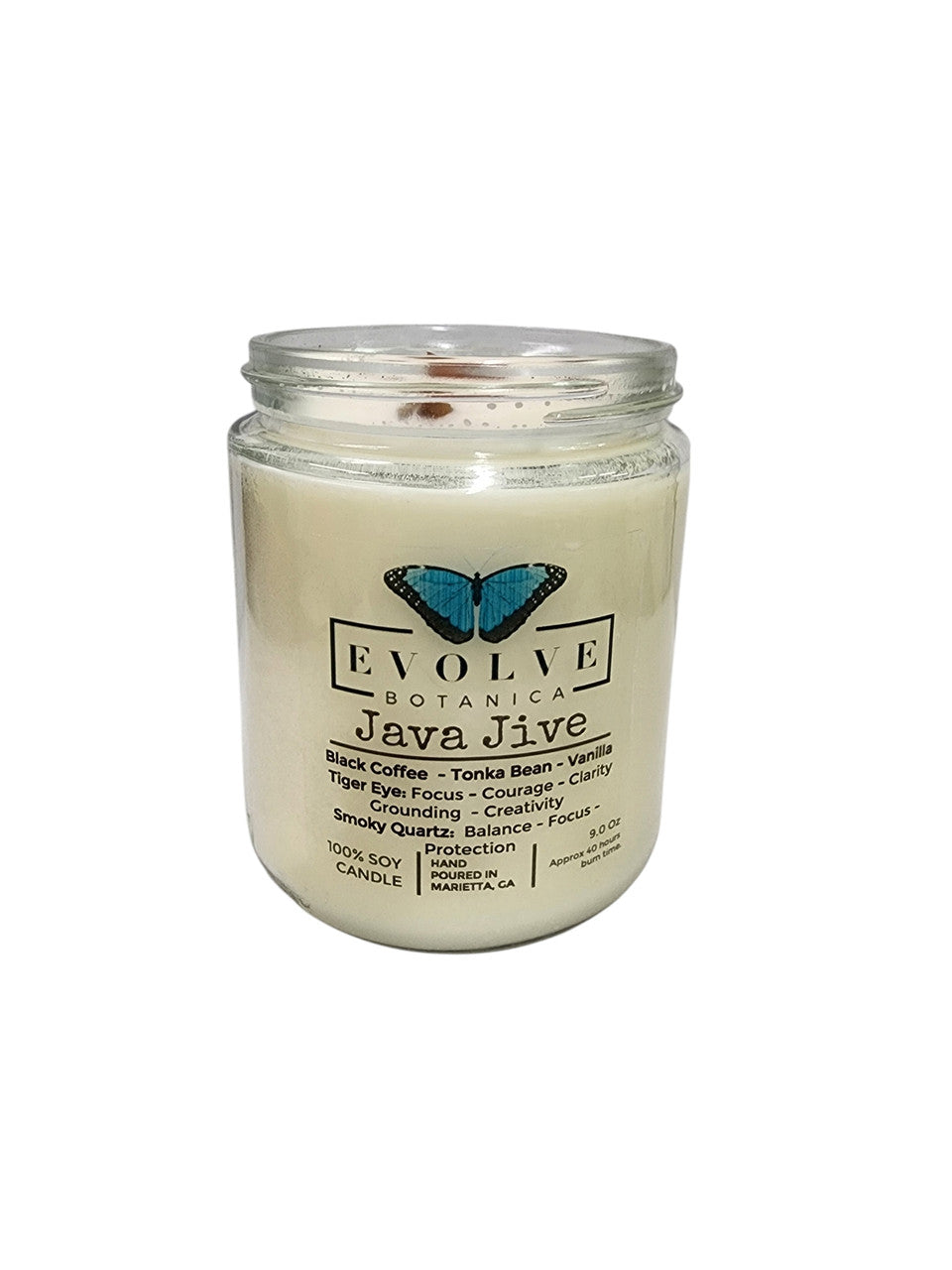 Classic 9oz Jam Jar Crystal Soy Candle - Java Jive (Tiger Eye & Smoky Quartz) from Evolve Botanica