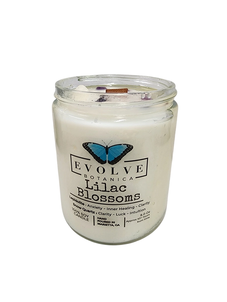 Classic 9oz Jam Jar Crystal Soy Candle - Lilac Blossoms (Lepidolite) from Evolve Botanica