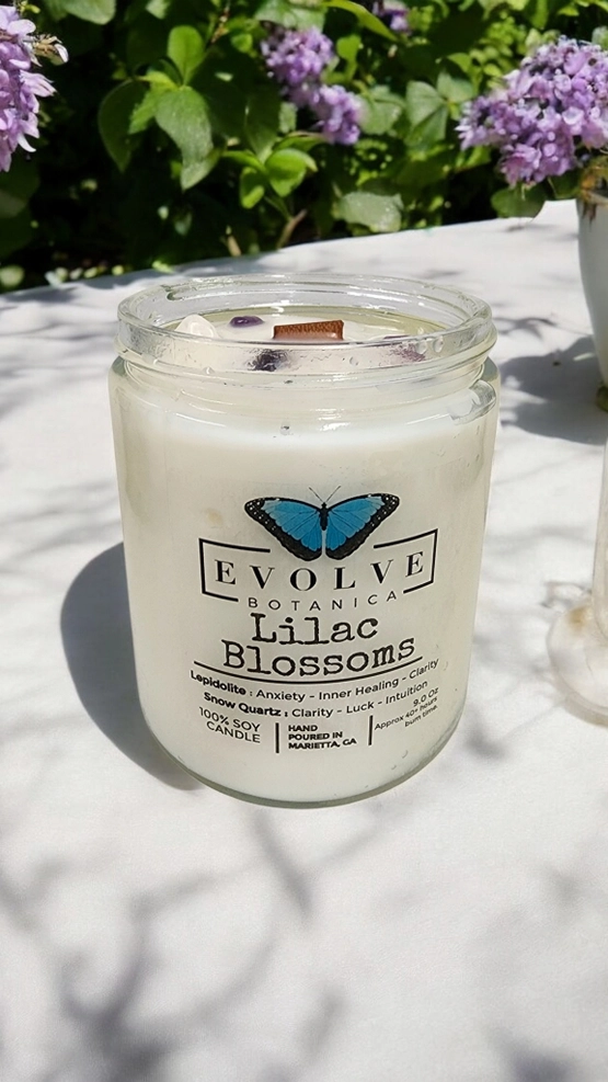 Classic 9oz Jam Jar Crystal Soy Candle - Lilac Blossoms (Lepidolite) from Evolve Botanica