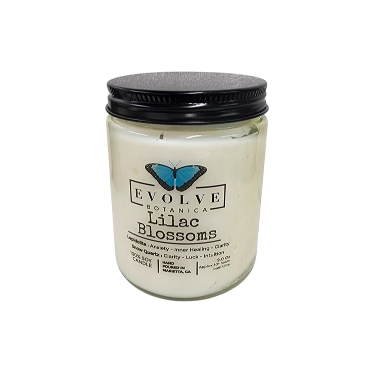 Classic 9oz Jam Jar Crystal Soy Candle - Lilac Blossoms (Lepidolite) from Evolve Botanica