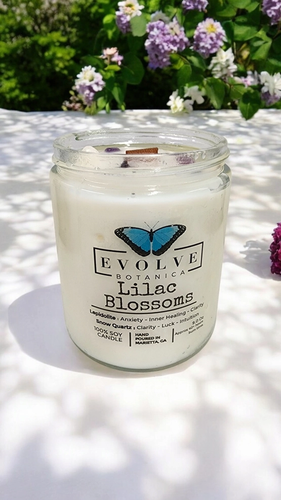 Classic 9oz Jam Jar Crystal Soy Candle - Lilac Blossoms (Lepidolite) from Evolve Botanica
