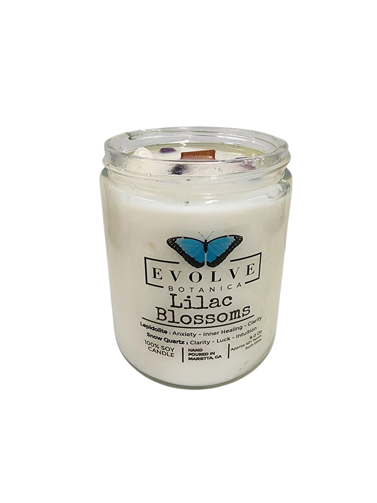 Classic 9oz Jam Jar Crystal Soy Candle - Lilac Blossoms (Lepidolite) from Evolve Botanica