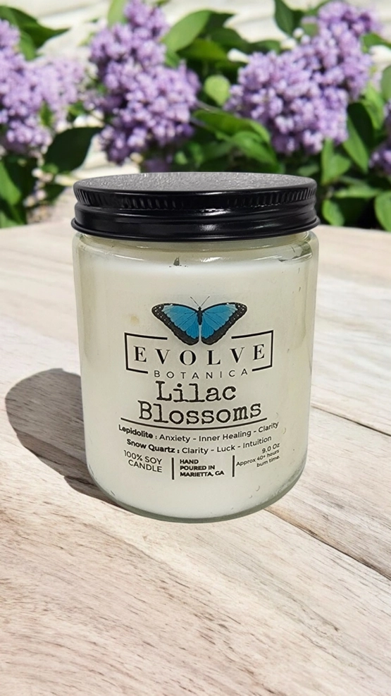Classic 9oz Jam Jar Crystal Soy Candle - Lilac Blossoms (Lepidolite) from Evolve Botanica