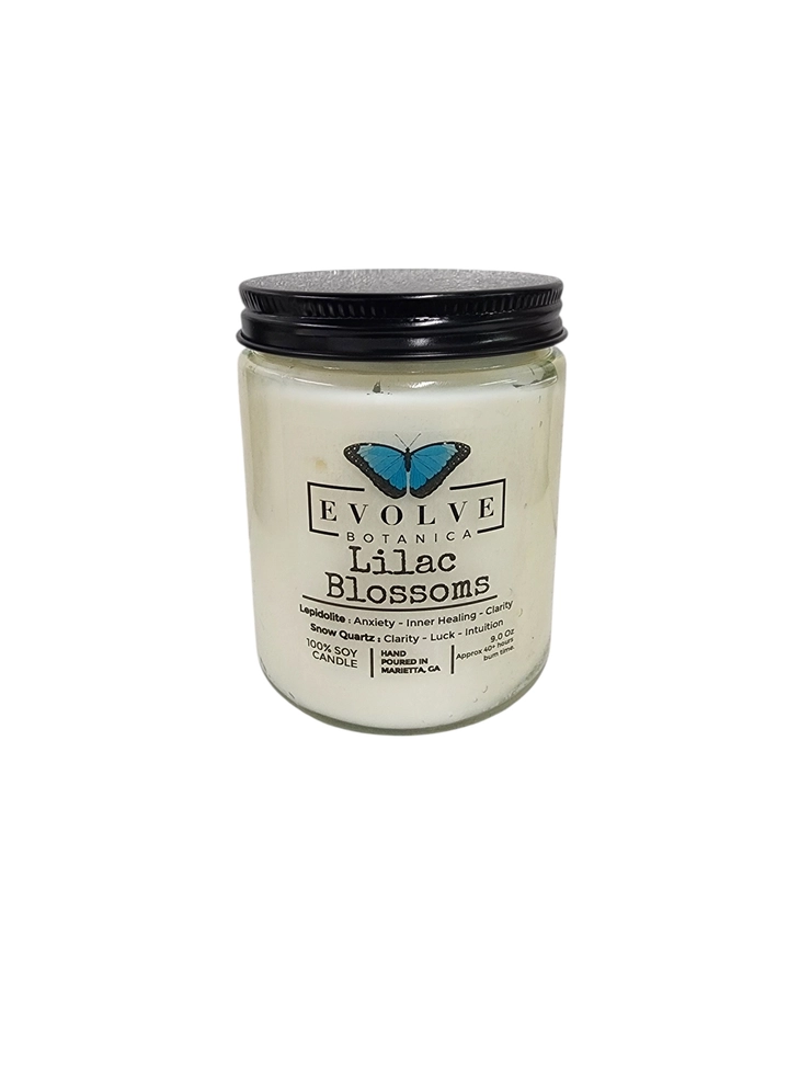 Classic 9oz Jam Jar Crystal Soy Candle - Lilac Blossoms (Lepidolite) from Evolve Botanica