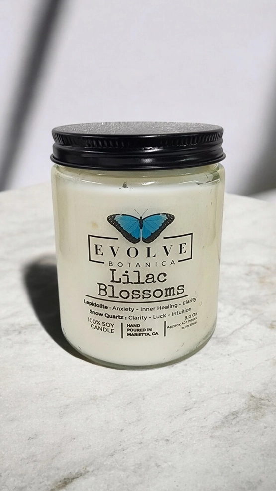 Classic 9oz Jam Jar Crystal Soy Candle - Lilac Blossoms (Lepidolite) from Evolve Botanica
