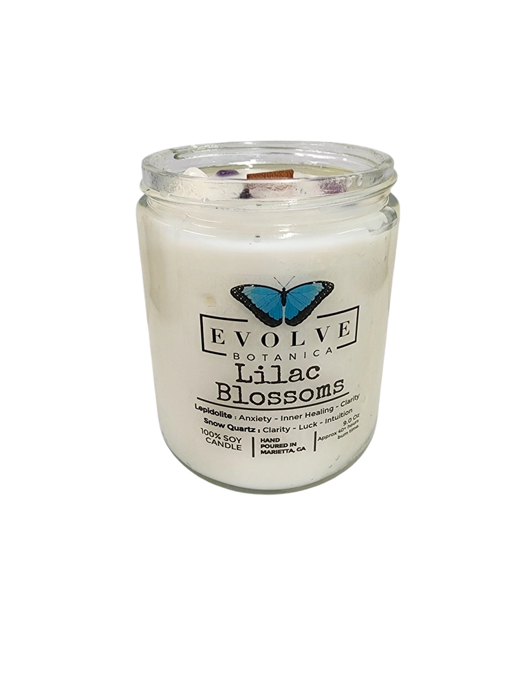 Classic 9oz Jam Jar Crystal Soy Candle - Lilac Blossoms (Lepidolite) from Evolve Botanica