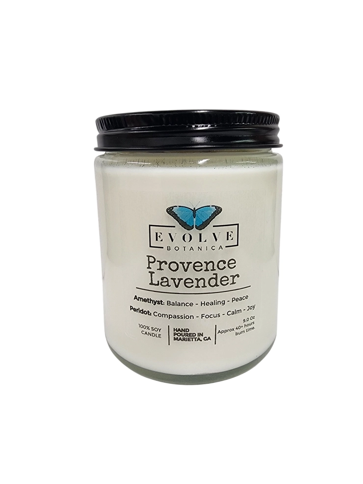 Classic 9oz Jam Jar Crystal Soy Candle - Provence Lavender (Amethyst & Peridot) from Evolve Botanica