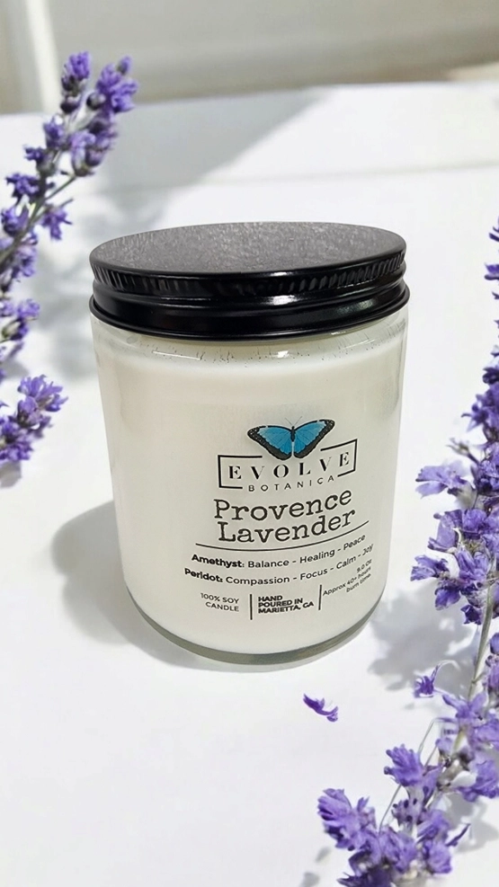 Classic 9oz Jam Jar Crystal Soy Candle - Provence Lavender (Amethyst & Peridot) from Evolve Botanica