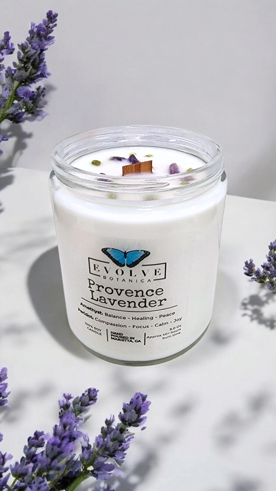 Classic 9oz Jam Jar Crystal Soy Candle - Provence Lavender (Amethyst & Peridot) from Evolve Botanica