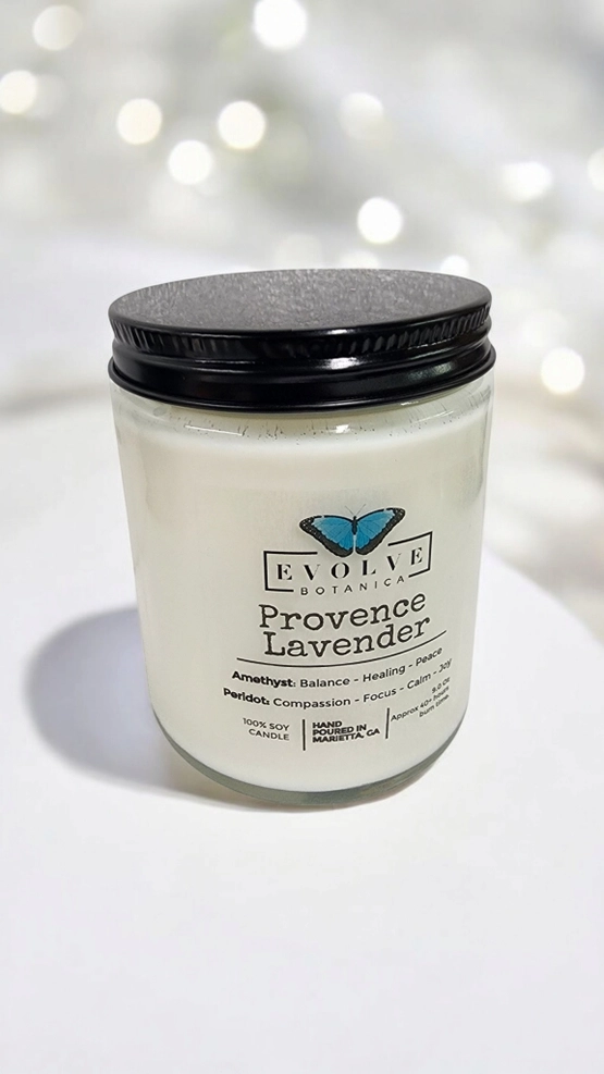 Classic 9oz Jam Jar Crystal Soy Candle - Provence Lavender (Amethyst & Peridot) from Evolve Botanica
